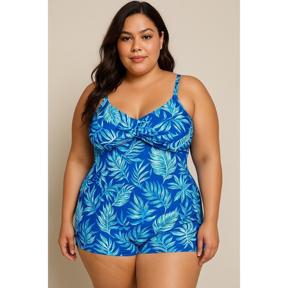 Womens One Piece Swimsuit‎ Plus Size 2X Blue Tropical Leaf Twisted Front Modest - Picture 1 of 12